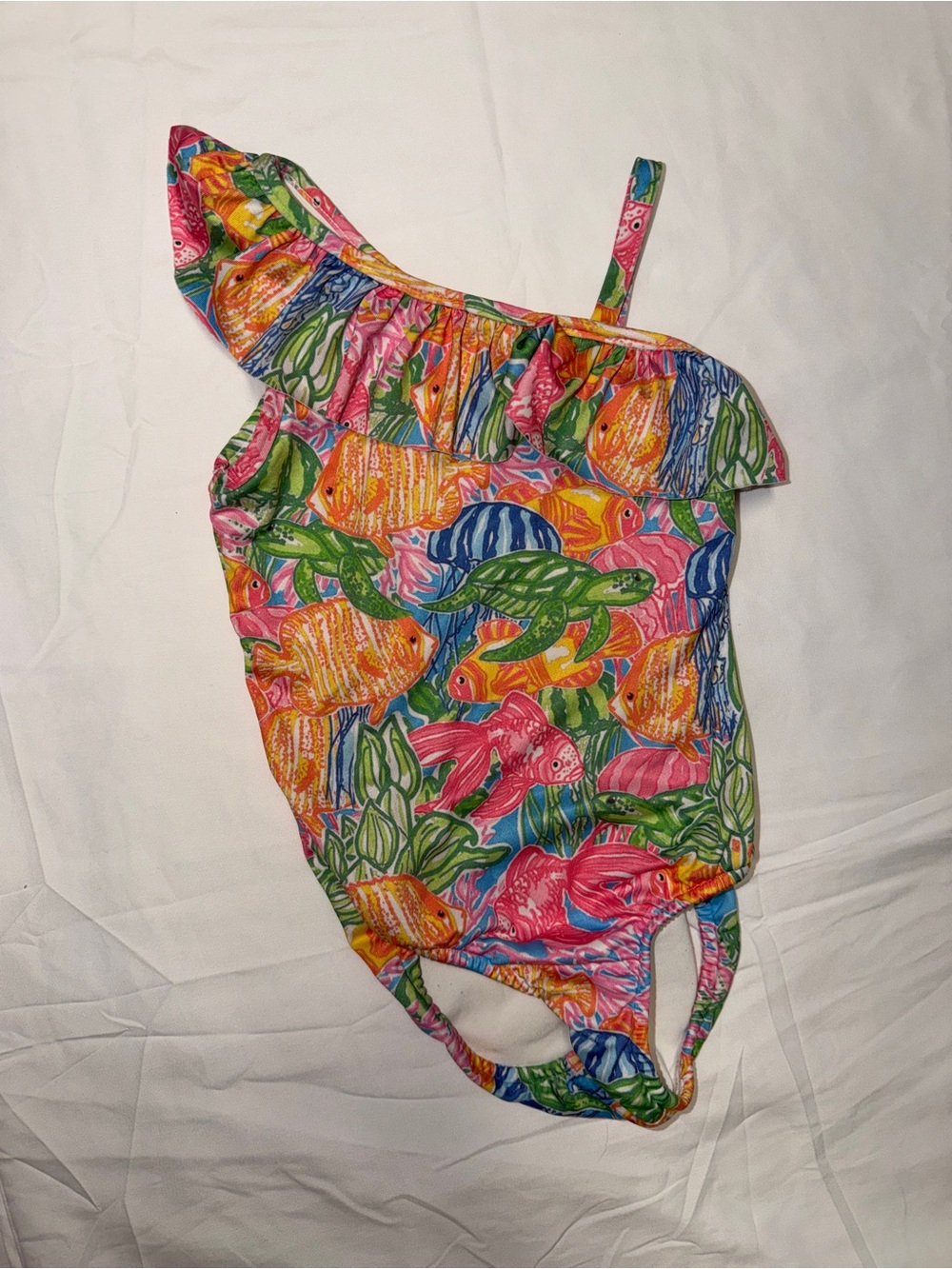 J Bailey Kids One-Shoulder Ruffle Swimsuit - Multicolor Fish Print